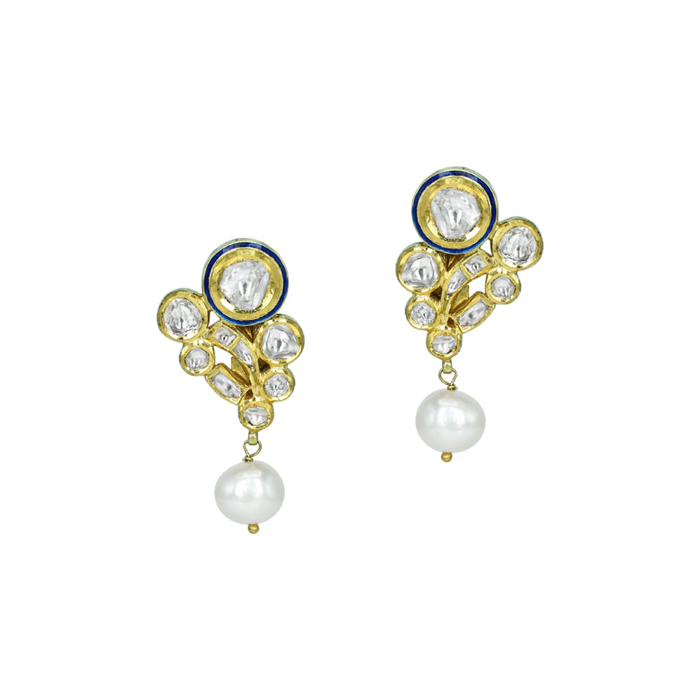 Floral Polki Earrings with Blue Enamel and Pearl Drop